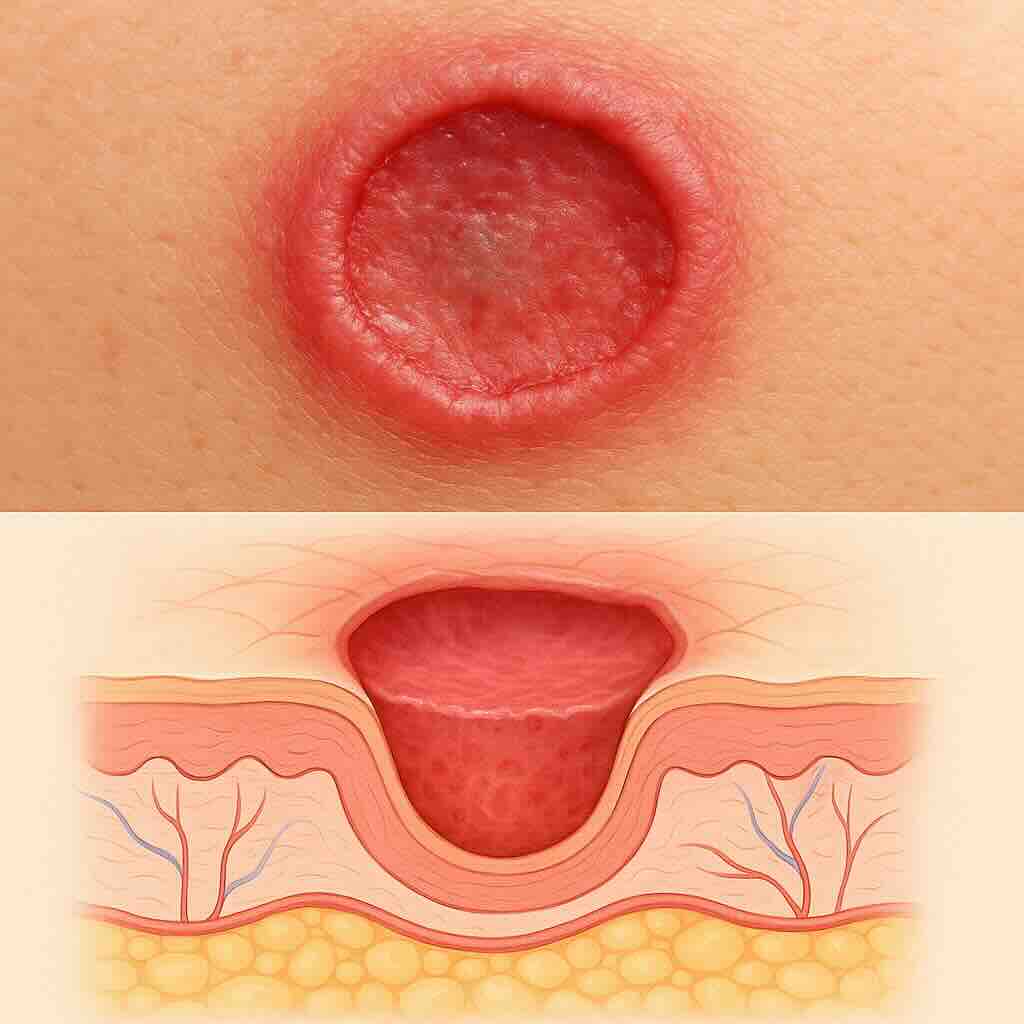 Фотографическая медицинская иллюстрация язвы: сверху — вид кожного дефекта, снизу — схема кожи в разрезе, подчёркивающая глубину поражения в отличие от эрозии.