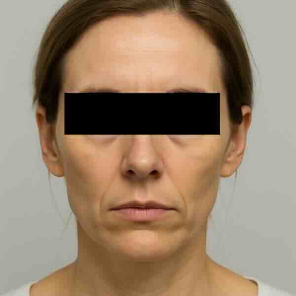 Клиническая иллюстрация «ozempic face»: выраженная потеря объёма средней трети лица, углубление носогубных складок и истончение мягких тканей у женщины 35–45 лет после значительного снижения веса; глаза закрыты чёрной полосой в соответствии с публикационными стандартами. Клиническая иллюстрация «ozempic face»: выраженная потеря объёма средней трети лица, углубление носогубных складок и истончение мягких тканей у женщины 35–45 лет после значительного снижения веса; глаза закрыты чёрной полосой в соответствии с публикационными стандартами.