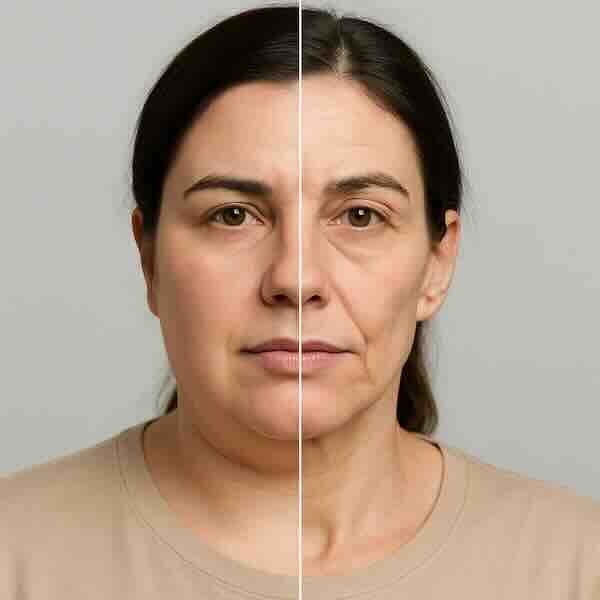 Фотореалистичная иллюстрация изменения лица у женщины 35–45 лет до и после значительного снижения массы тела на терапии агонистами рецептора GLP-1: слева более полный овал и гладкая кожа, справа — уменьшение объёма мягких тканей, углубление носогубных складок и усиление морщин. Фотореалистичная иллюстрация изменения лица у женщины 35–45 лет до и после значительного снижения массы тела на терапии агонистами рецептора GLP-1: слева более полный овал и гладкая кожа, справа — уменьшение объёма мягких тканей, углубление носогубных складок и усиление морщин.