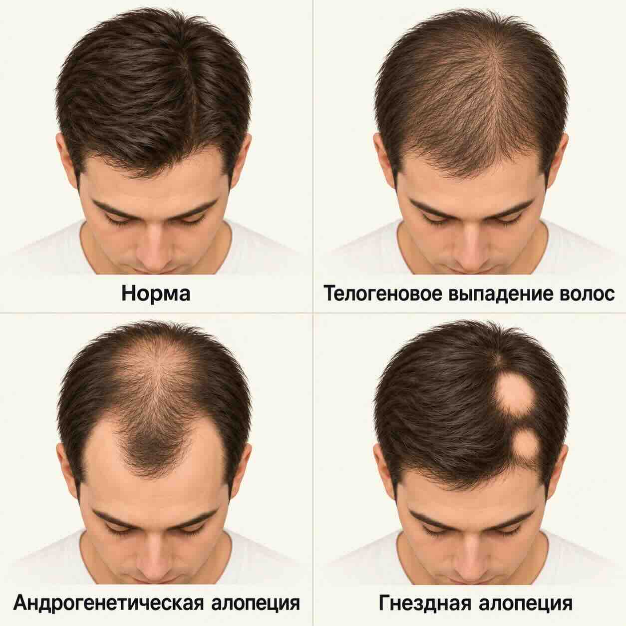 Сравнение типов выпадения волос: нормальная густота, телогеновое выпадение, андрогенетическая и гнездная алопеция