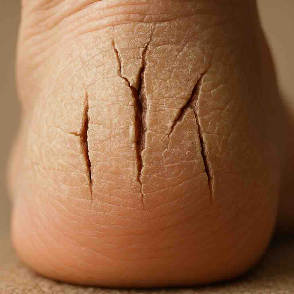 Фотографическая медицинская иллюстрация: подошвенные трещины кожи на пятке. Видны вертикальные и радиальные разрывы на фоне сухой, огрубевшей кожи. Пример вторичного элемента сыпи — трещина (rhagas).