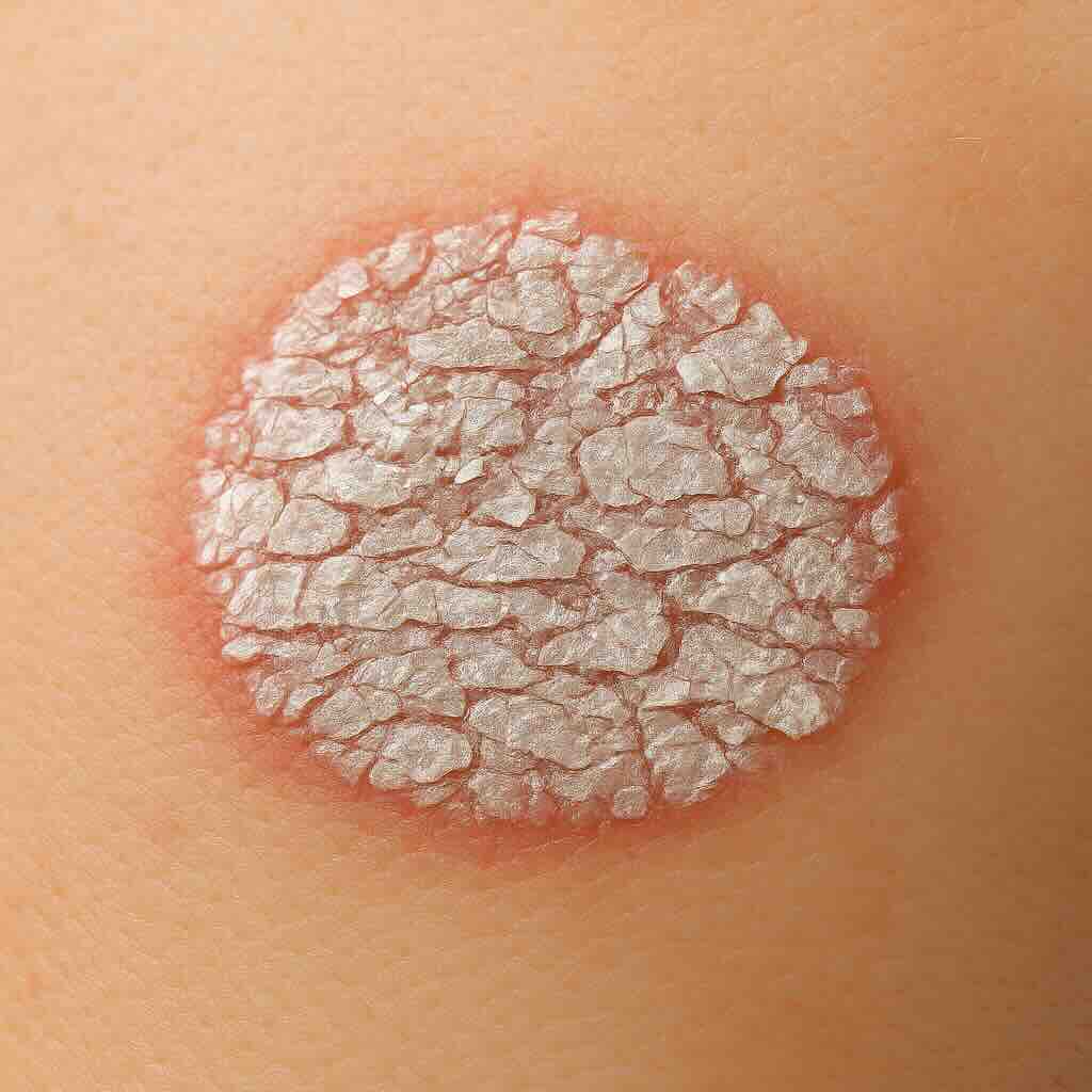 Фотографическая медицинская иллюстрация: псориатическая бляшка на коже, покрытая серебристо-белыми чешуйками. На примере псориаза показан вторичный элемент сыпи — чешуйка.