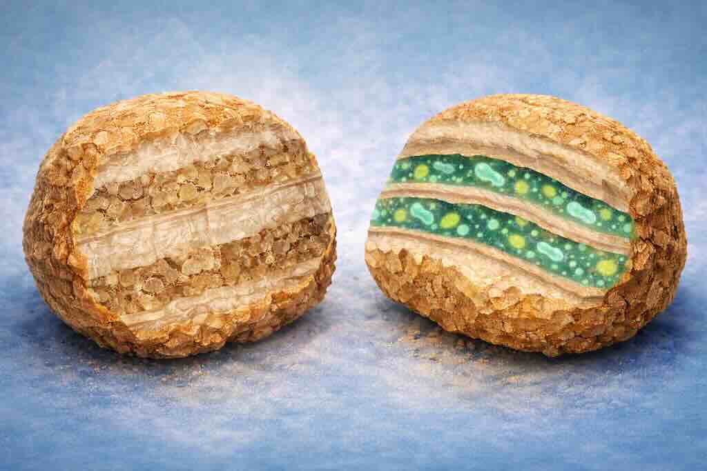 Схематическая медицинская иллюстрация: два камня почек в разрезе для визуального сравнения. Слева — более плотная кристаллическая структура, справа — слоистая структура с внутренними прослойками, условно показывающими микробный компонент.