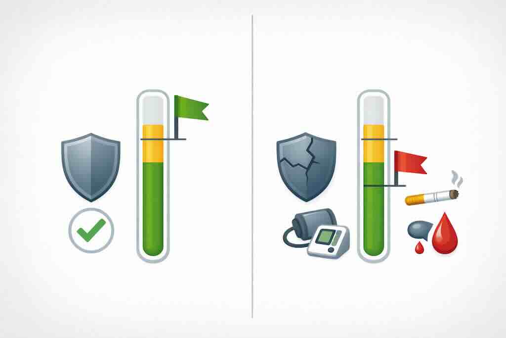 Инфографика сравнивает две ситуации с одинаковым ХС-ЛПНП: слева — меньший «багаж» факторов риска и более высокая цель, справа — больший риск (иконки факторов) и более низкая цель. Иллюстрирует принцип риск-ориентированных целевых значений.