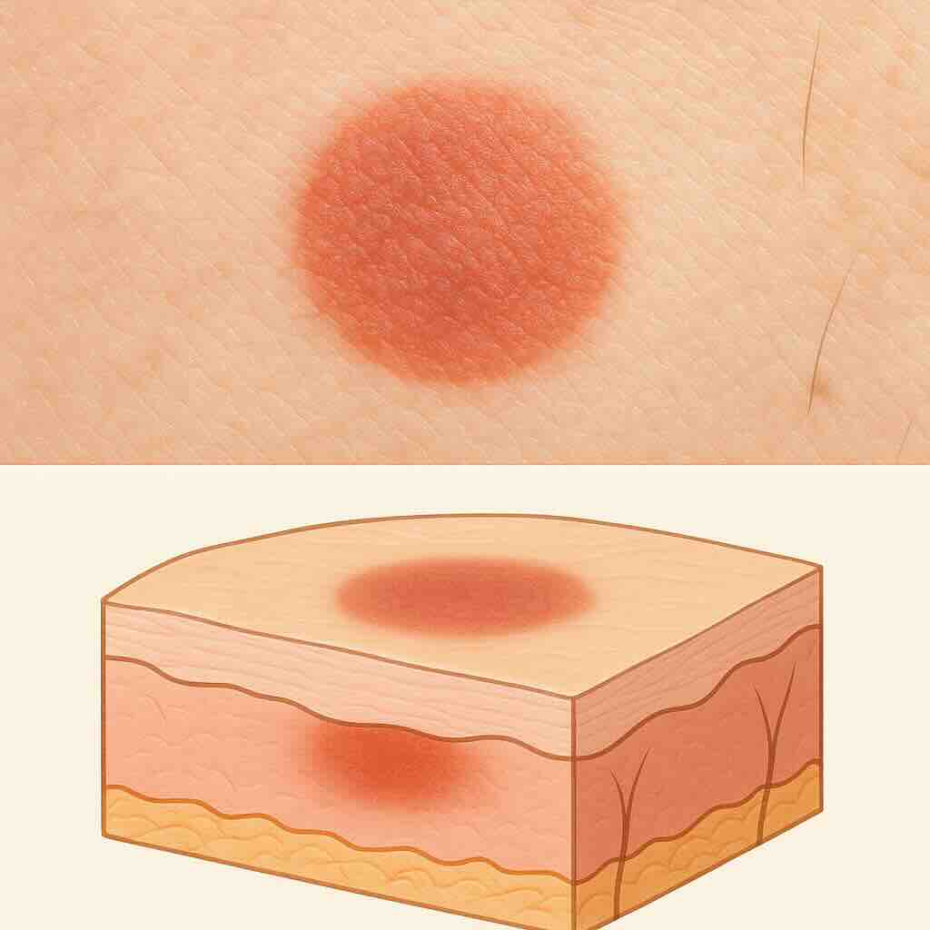 Медицинская иллюстрация: пятно (macula) на коже. Сверху — покраснение без бугорка, снизу — схема кожи в разрезе, изменение цвета без возвышения.