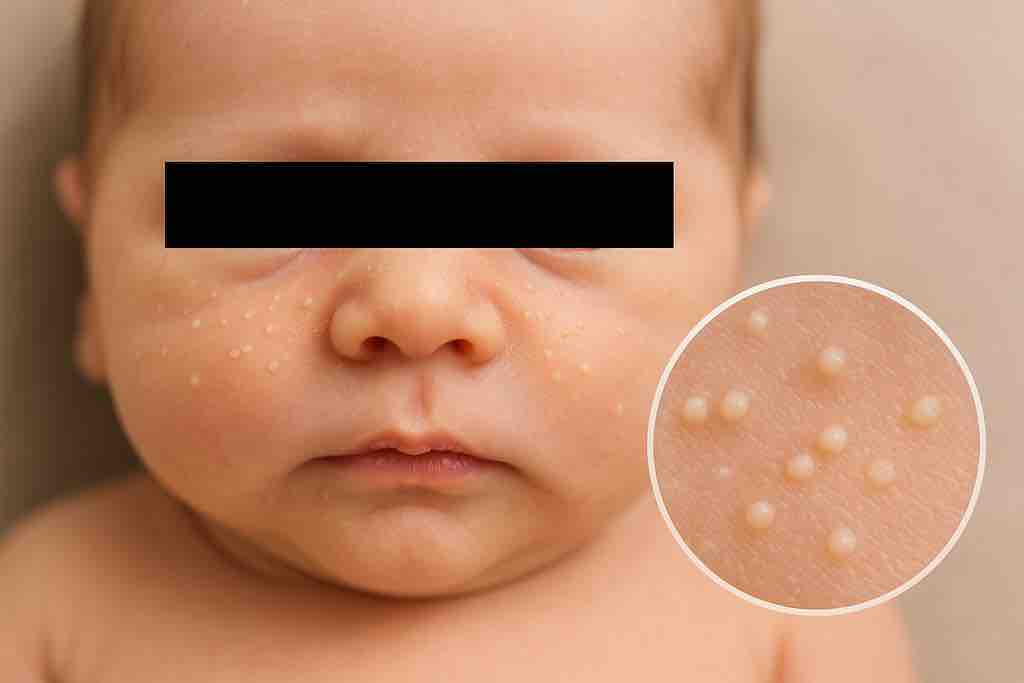Фотография новорождённого с милиями: мелкие белые узелки на коже лица, безопасное физиологическое состояние.