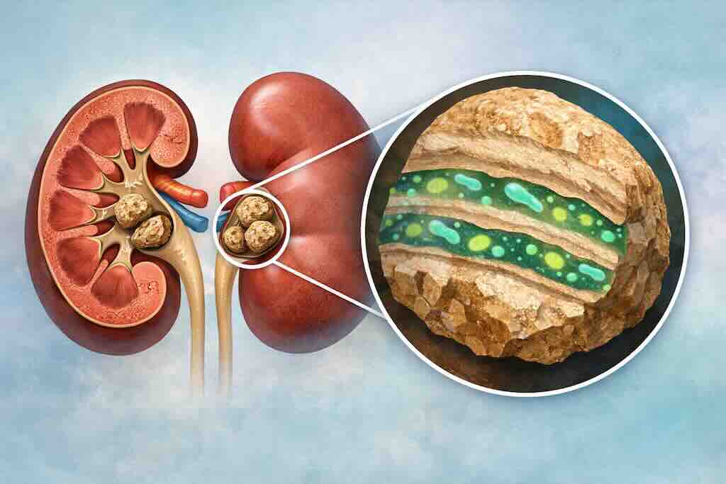 Схематическая иллюстрация концепции: в кальций-оксалатном камне показаны чередующиеся минеральные слои и межслойные зоны, соответствующие биоплёнке.