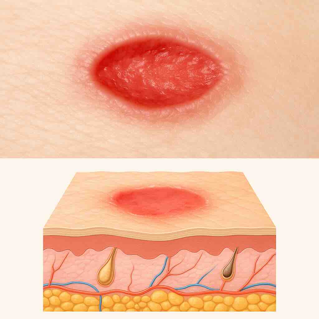 Эрозия кожи: сверху — как выглядит поверхностная ранка после вскрывшегося пузырька, снизу — схема кожи в разрезе, показывающая неглубокое повреждение без проникновения в глубокие слои.