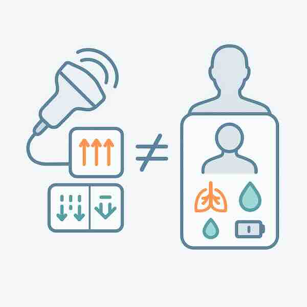 Иконка датчика ЭХОКГ и блок «дисфункция» слева, знак «≠» в центре, силуэт человека с иконками симптомов справа — технический термин не равен клиническому синдрому. Иконка датчика ЭХОКГ и блок «дисфункция» слева, знак «≠» в центре, силуэт человека с иконками симптомов справа — технический термин не равен клиническому синдрому.