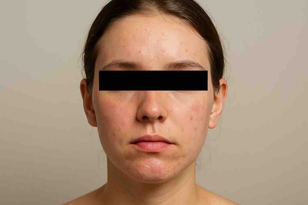 Крупный план лица подростка с признаками раздражения и акне-подобных высыпаний, лёгким шелушением и жирным блеском Т-зоны; глаза закрыты нейтральной плашкой для анонимизации. Иллюстрация к статье о рисках сложного ухода и агрессивных активов (AHA/BHA, ретинол) при отсутствии показаний. Крупный план лица подростка с признаками раздражения и акне-подобных высыпаний, лёгким шелушением и жирным блеском Т-зоны; глаза закрыты нейтральной плашкой для анонимизации. Иллюстрация к статье о рисках сложного ухода и агрессивных активов (AHA/BHA, ретинол) при отсутствии показаний.