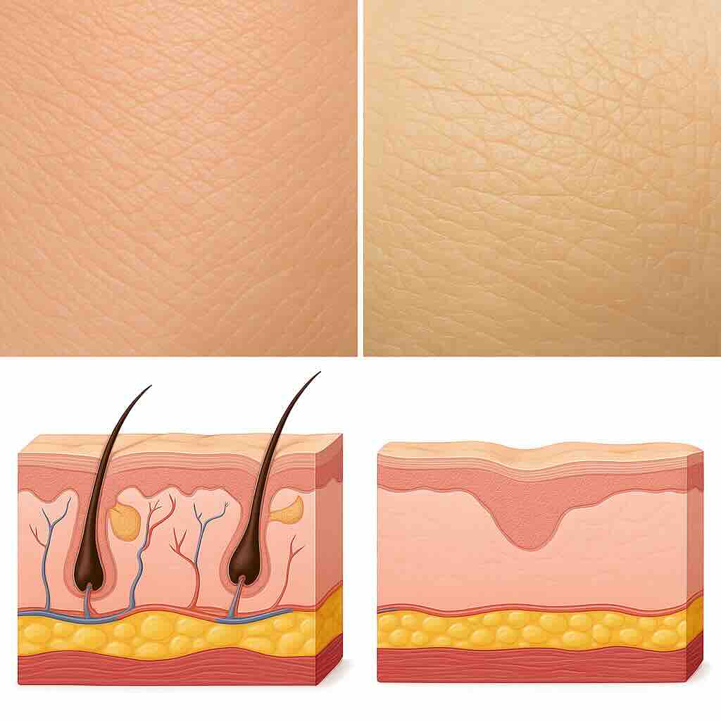 Медицинская иллюстрация атрофии кожи: сверху — сравнение нормальной и атрофической кожи, снизу — схема кожи в разрезе, показывающая истончение эпидермиса и дермы.